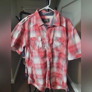 BKE Red and White Plaid Short Sleeve Button-Down Shirt